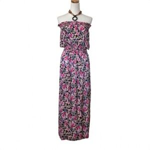 NINA PIU Floral Beaded Tie Sleeveless Dress Gathered Waist Maxi Size Large